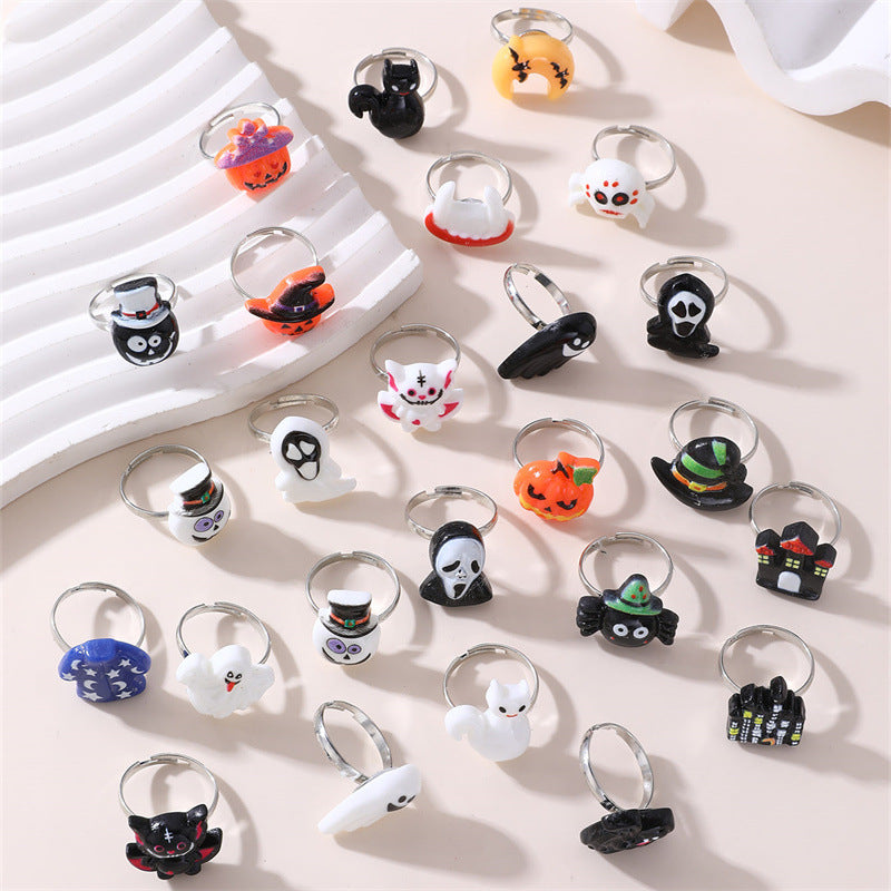 Juego de anillos infantiles con temática de Halloween, con diseños de calabaza, calavera y fantasma, anillos de plástico de resina para niñas de 6 a 10 años