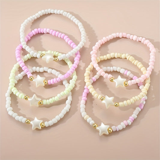 Braccialetto per Bambine con Perline e Ciondoli a Cuore e Stella, Fatto a Mano con Perle di Vetro, Gioielli per Bambini in Stile Principessa Minimalista