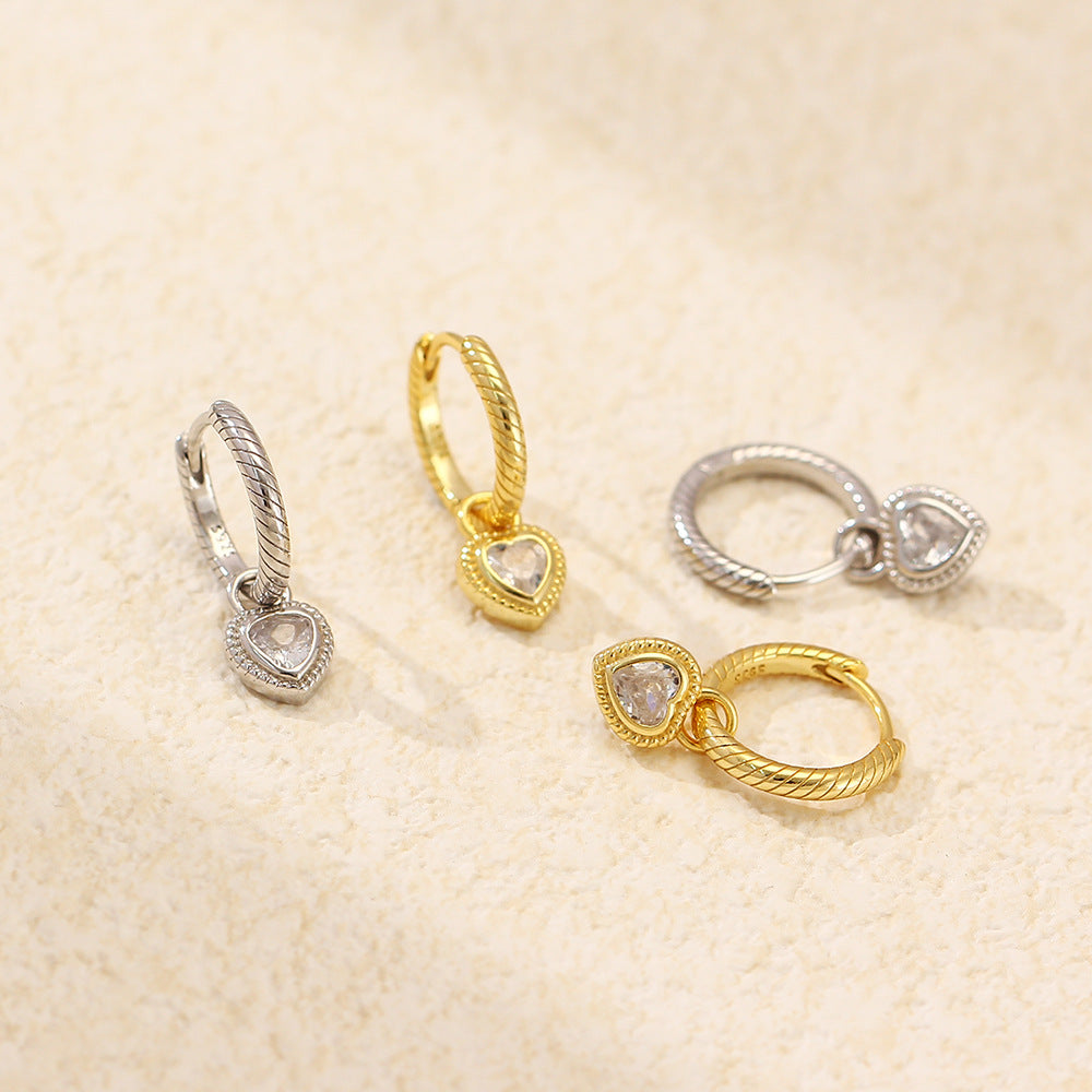 Luxury Elegant Heart Striped Rhinestone Plated 925 Sterling Silver Hoop Earrings for Women