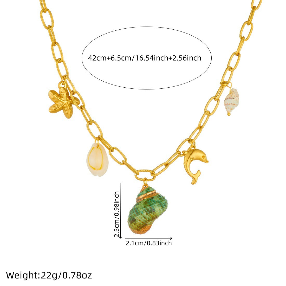 Vintage Gold Plated Animal Starfish Dolphin Shell Conch Pendant Stainless Steel Curb Chain Necklace for Women