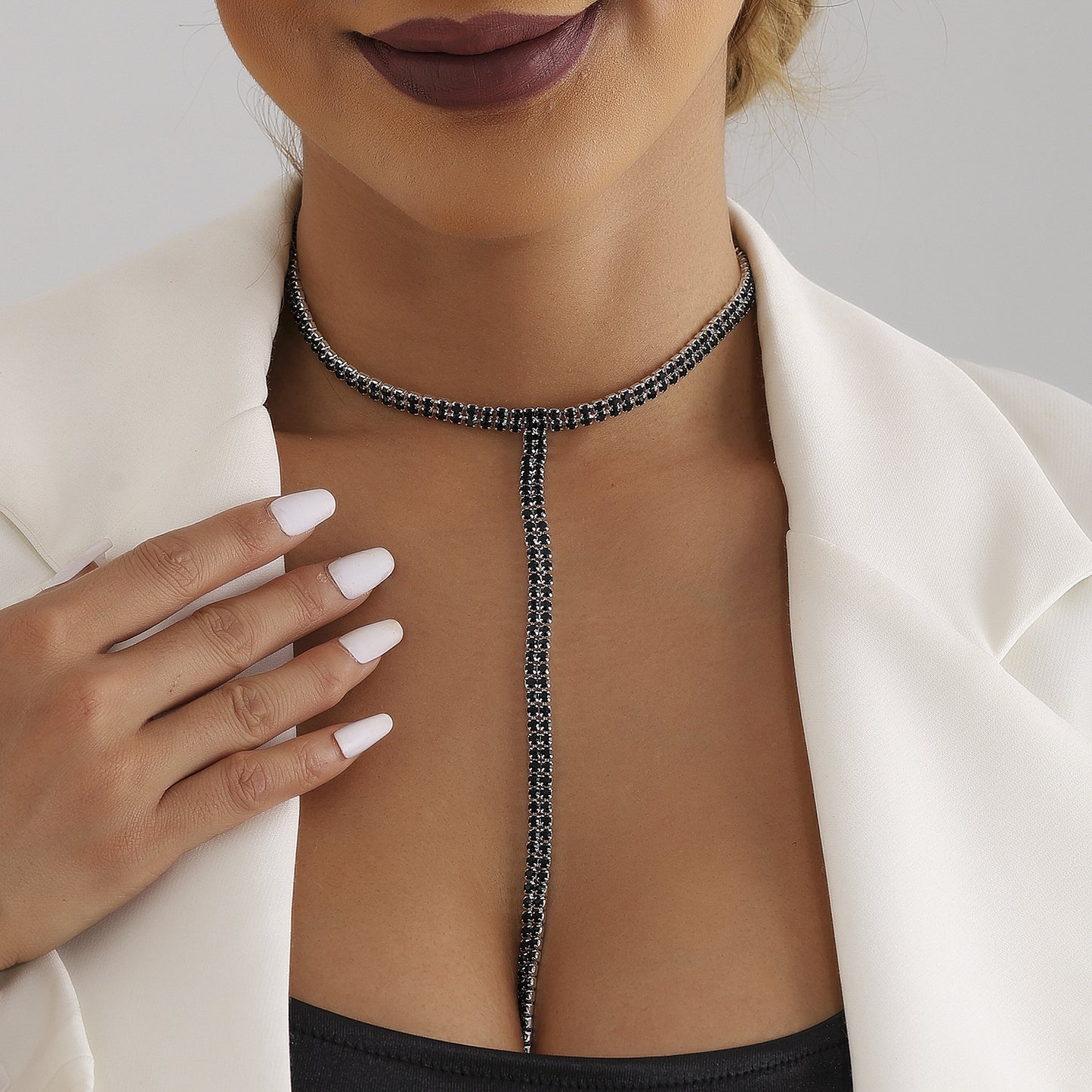 Geometric T-Shaped Black Rhinestone Double Layer Clavicle Necklace for Women with Plated Metal Chain