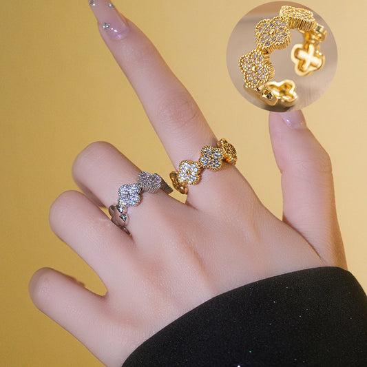 Anillo de Cobre Minimalista en Forma de Trébol con Incrustaciones de Zirconia para Mujer, Diseño de Apertura Ajustable, Accesorio de Moda de Lujo