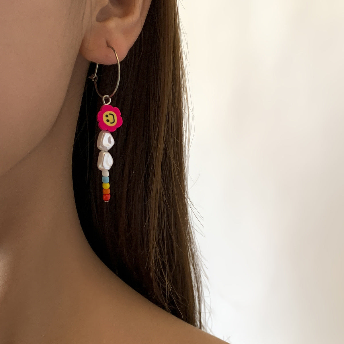 Ethnic Minimalist Geometric Plated Iron Earrings with Colorful Clay Smileys and Rice Beads