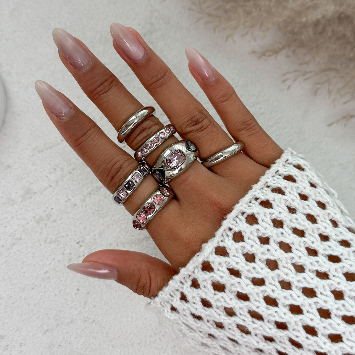 Vintage Geometric Alloy Ring Set with Micro-Pavé Colorful Inlay for Women Stackable Finger Rings