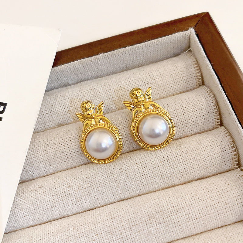 Chic Vintage Pearl Stud Earrings with Floral Bow Leaf Diamond Drop Geometric and Animal Motifs in Steel Posts