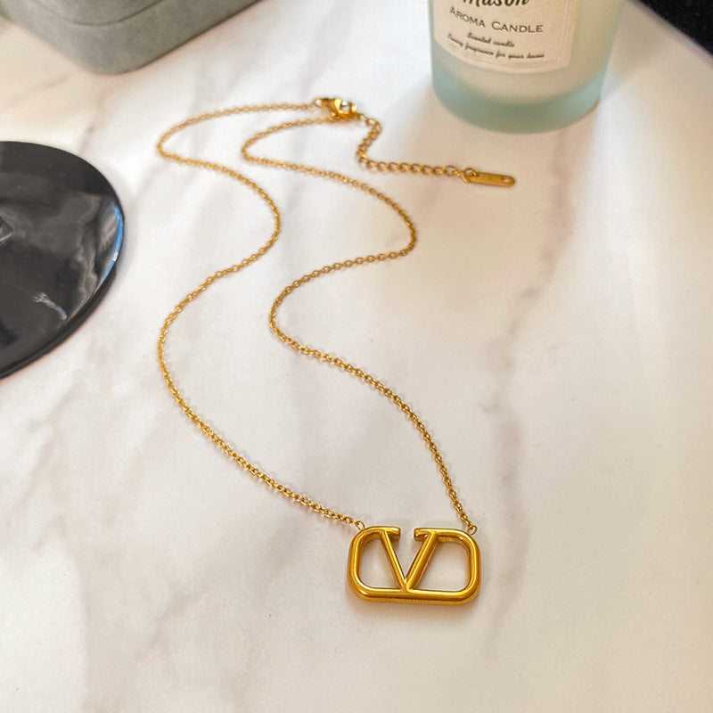 Minimalist V-Shape Letter Titanium Steel Plated Necklace for Unisex