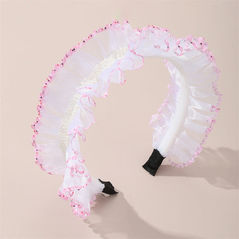 Cerchietto Floreale per Bambini con Rifinitura in Pizzo e Dettagli in Perle in Stile Naturale, Accessorio per Capelli Ricoperto in Resina Colore Macaron