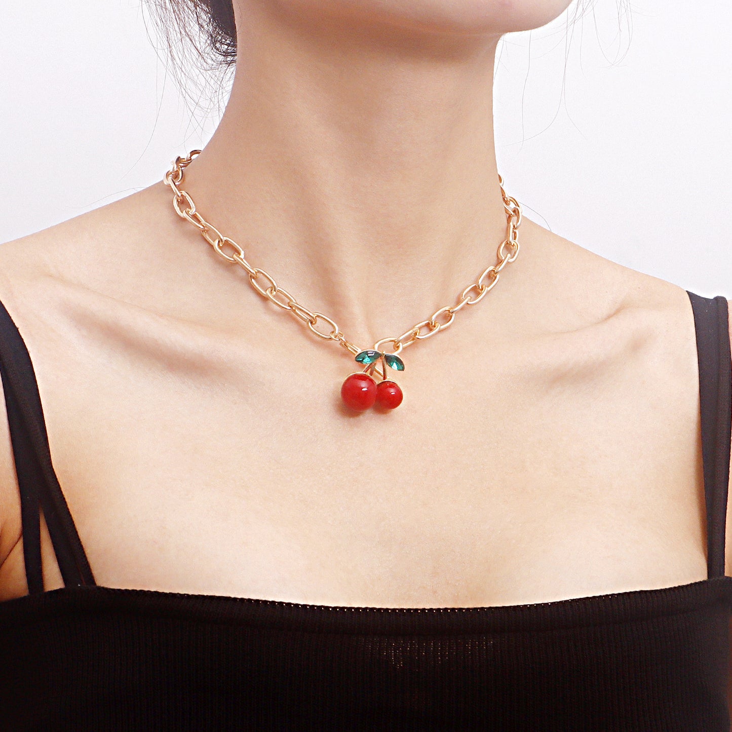 Y2K Geometric Oversized Cherry Pendant Necklace for Women with Alloy Chain and Electroplated Finish