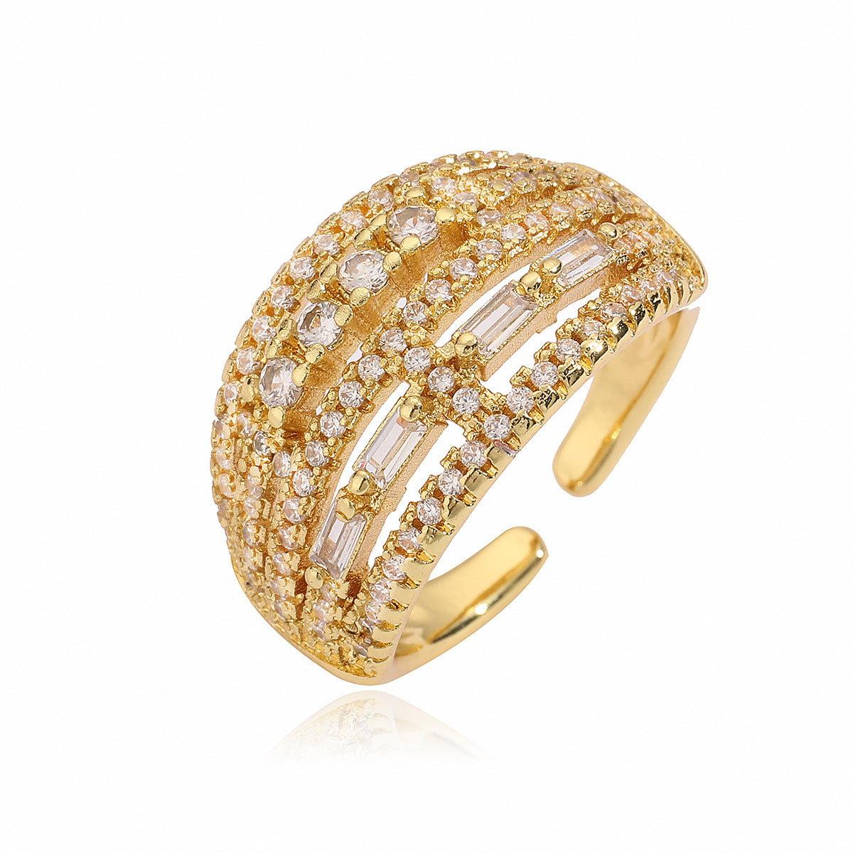 Anello aperto geometrico minimalista da donna in ottone placcato oro con intarsio in zircone