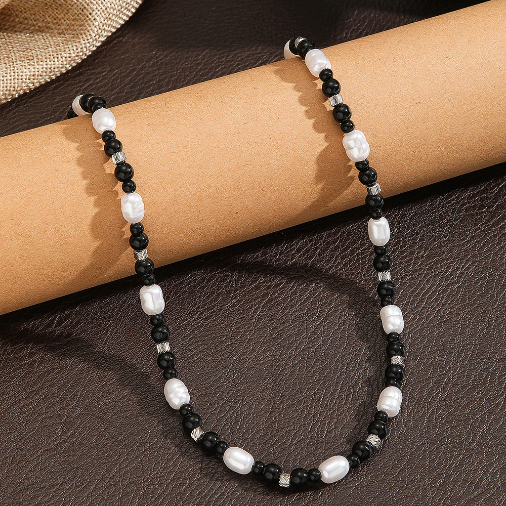 Minimalist Geometric Imitation Pearl and Agate Beaded Necklace with Plated Ball Chain for Unisex