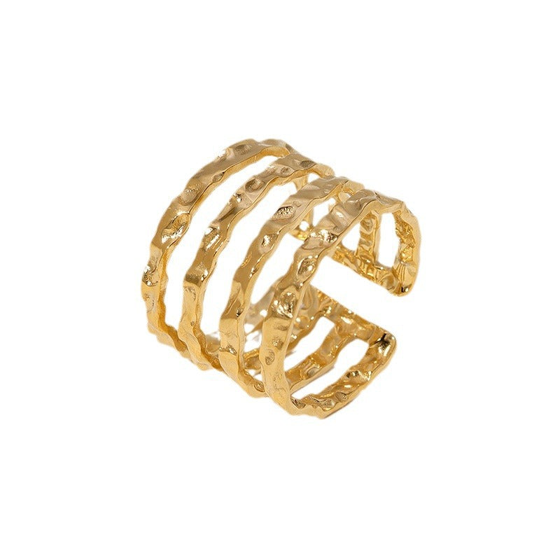 Minimalist Geometric Stainless Steel Ring with Irregular Hammered Texture and Plated Finish for Women