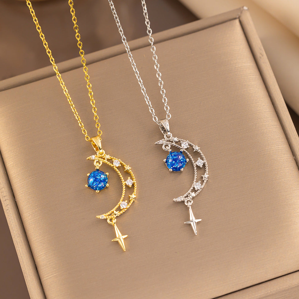Minimalist Moon and Star Pendant Necklace for Women in Titanium Steel with Electroplated Finish, Delicate Clavicle Chain