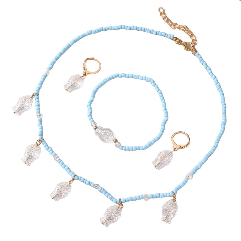 Set Collana con Fiocco Minimalista Blu Perla per Bambini con Bracciale Abbinato, Orecchini a Clip e Anello in Resina