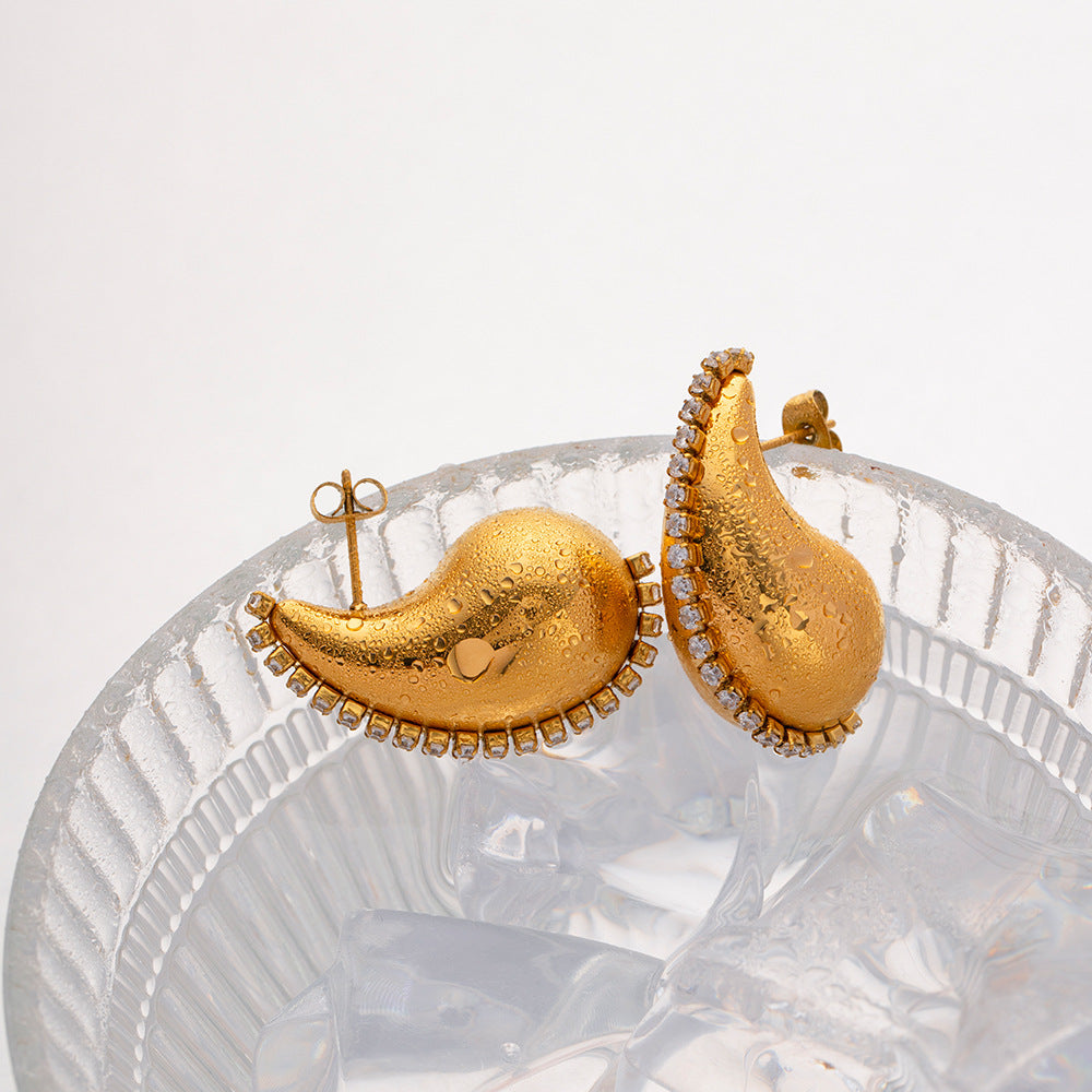 Pendientes de Mujer de Acero Inoxidable con Zirconia y Baño de Oro de 18K, Diseño Geométrico de Gota de Agua