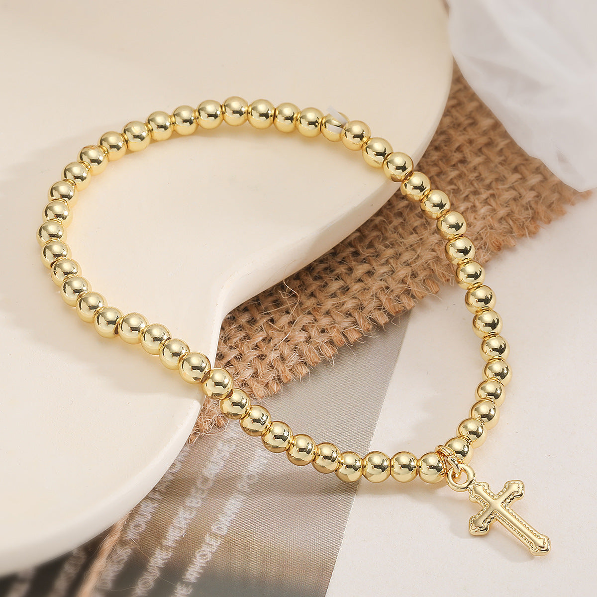 Minimalist 18K Gold Plated Brass Cross Pendant Ball Chain Bracelet with Cubic Zirconia for Women