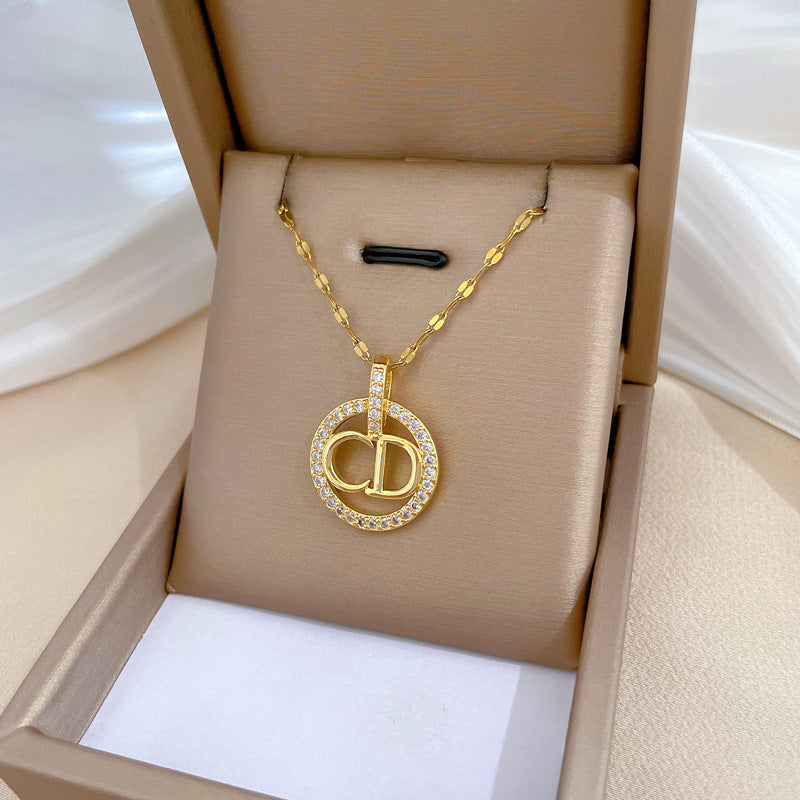 Luxury Geometric Rhinestone Pendant Necklace in Titanium Steel Chain for Unisex