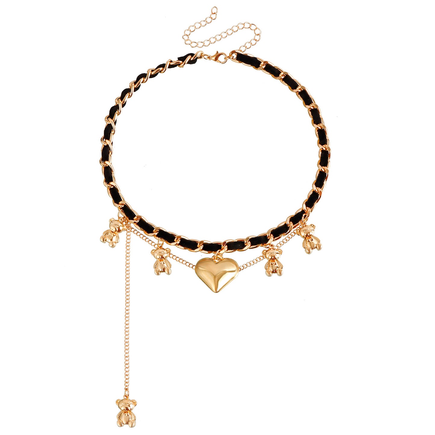 Minimalist Bear Pendant Necklace with Heart Charm on Metal Chain for Women