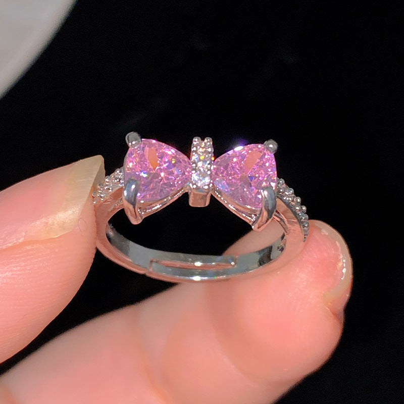 Sweet Cubic Zirconia Inlay Brass Bow Ring for Women