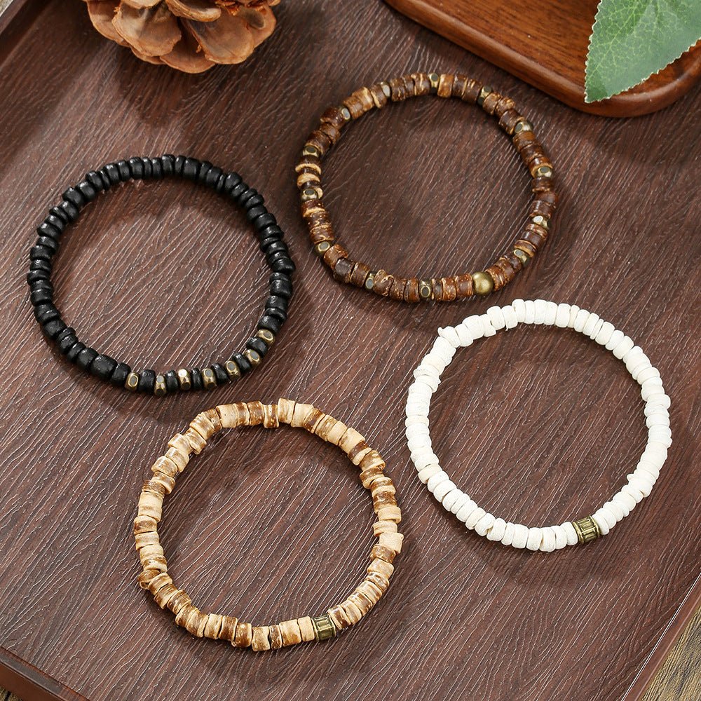 Vintage Hip-hop Round Wood Bead Bracelet with Alloy Accents for Unisex
