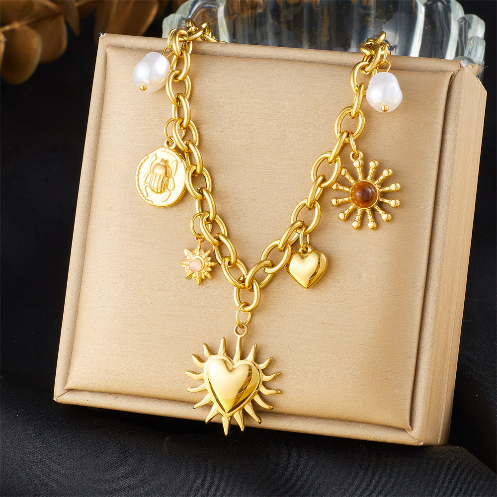Elegant Stainless Steel Drip Oil Moon Sun Flower Pendant Necklace with Cable Chain for Women