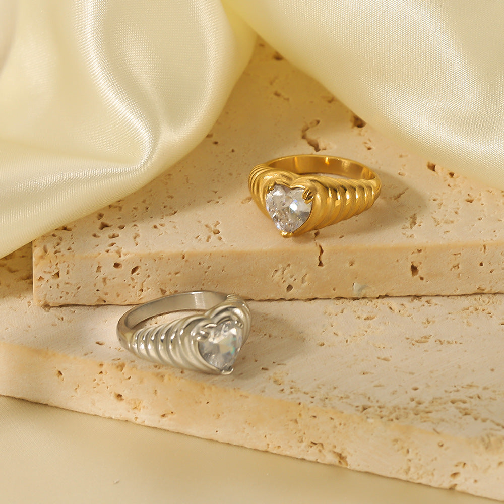 Minimalist Heart-Shaped Stainless Steel Ring with White Zirconia Inlay and 18K Gold Plating for Women