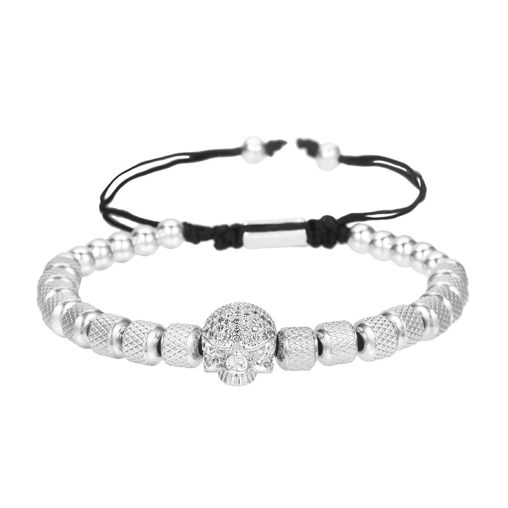 Geometric Skull Cubic Zirconia Plated Stainless Steel Woven Bracelet Set