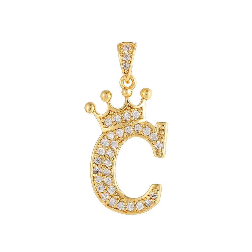 Gold Plated Brass Crown Letter Charm Bar with Cubic Zirconia for DIY Necklace Bracelet