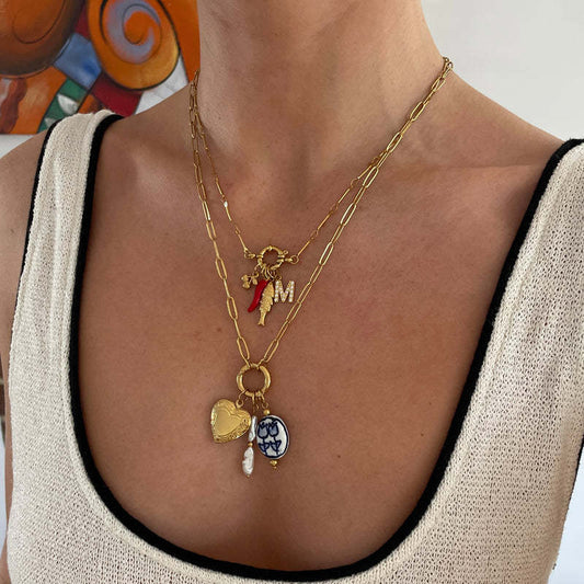 Vintage 18K Gold Plated Stainless Steel Heart Geometric Charm Bar Necklace PVD Cable Chain Unisex DIY Jewelry