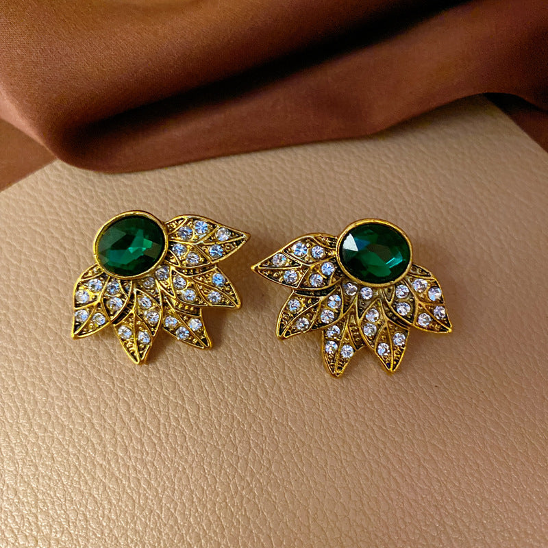 Vintage Green Rhinestone Butterfly Pearl Earrings with Stainless Steel Posts for Women