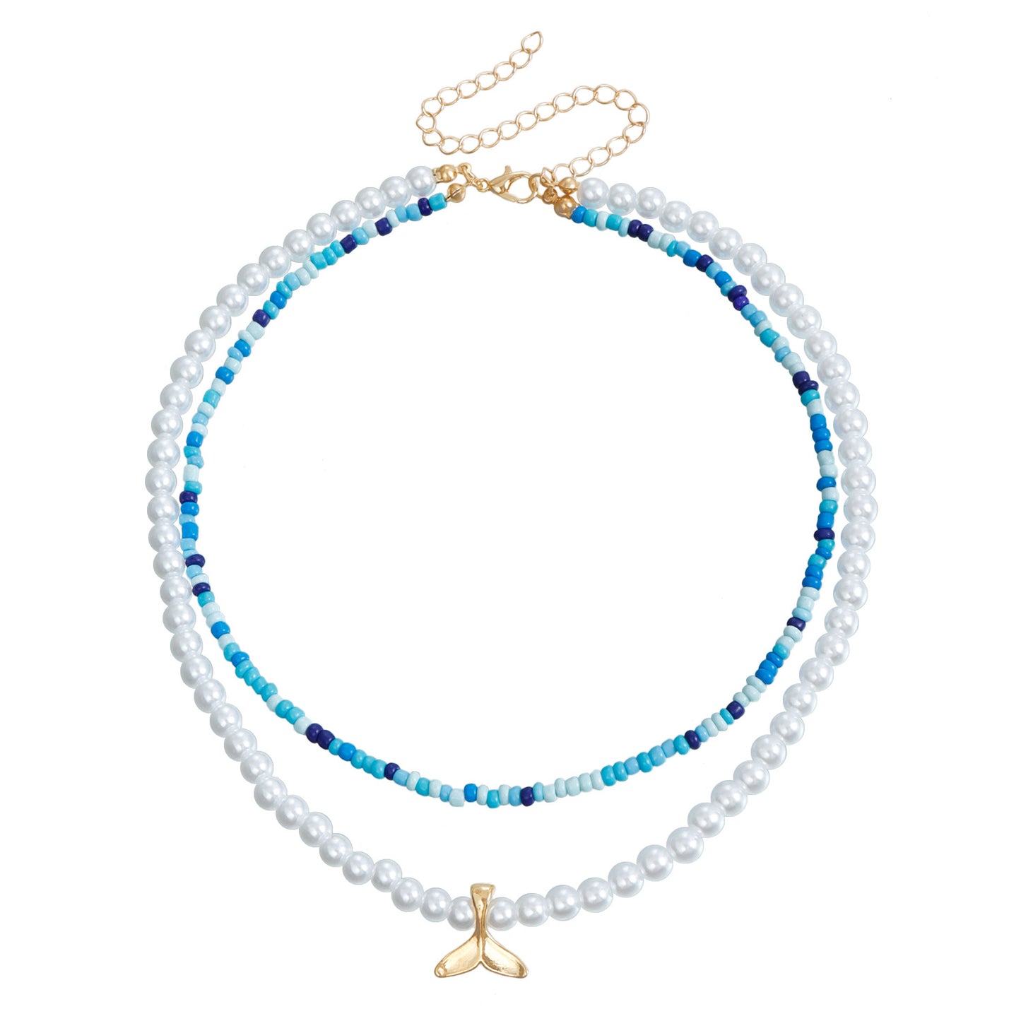 Bohemian Colorful Beaded Imitation Pearl Double Layer Shell Pendant Necklace for Women