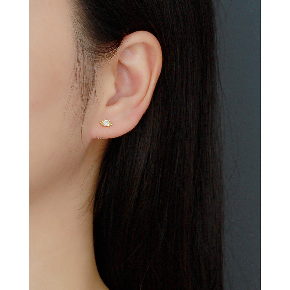 Minimalist 925 Sterling Silver Round Geometric Polka Dot Cubic Zirconia Inlay Stud Earrings