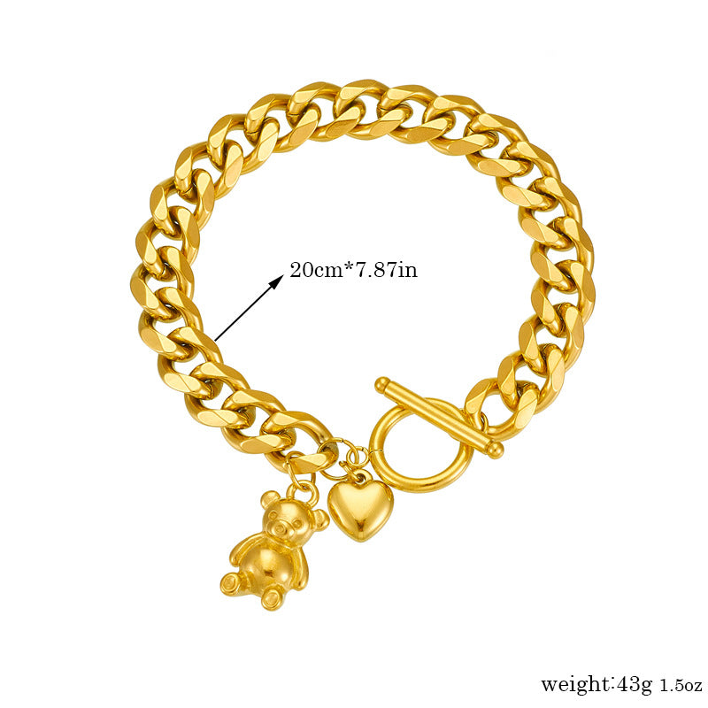 Bracciale da donna placcato oro in acciaio inossidabile con ciondoli a orsetto e cuore e chiusura a moschettone