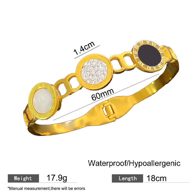 Minimalist Vintage Roman Number Micro-Paved Cubic Zirconia Titanium Steel Bracelet PVD Plated