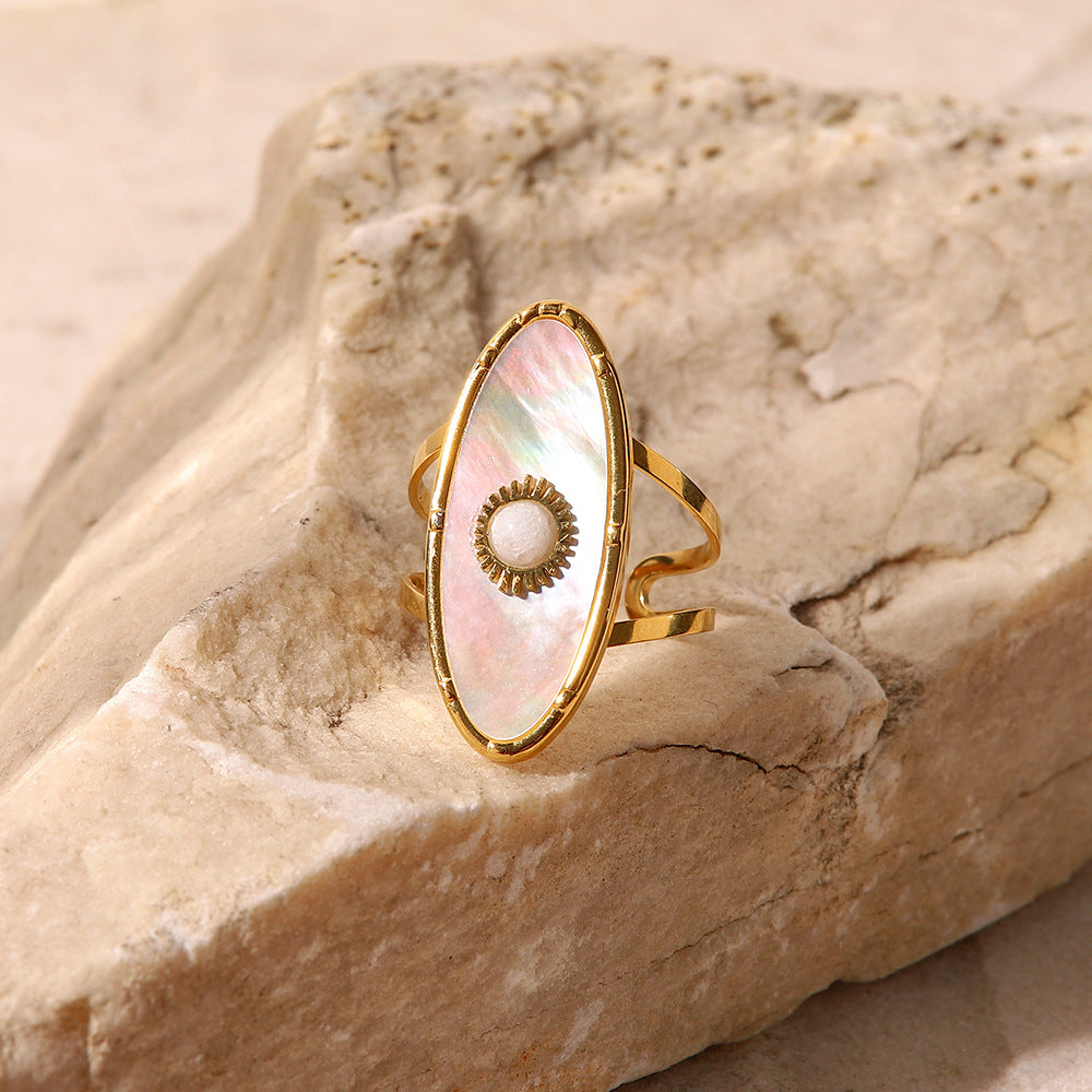 Vintage French Style 18K Gold Plated Stainless Steel Oval Mother of Pearl and Pearl Inlay Open Ring for Women