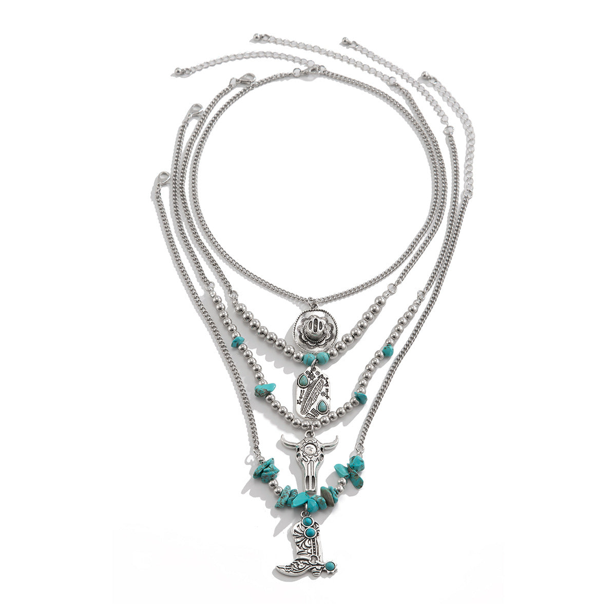 Punk Plated Alloy Turquoise Animal Round Pendant Multi-Layer Choker Necklace Set for Women