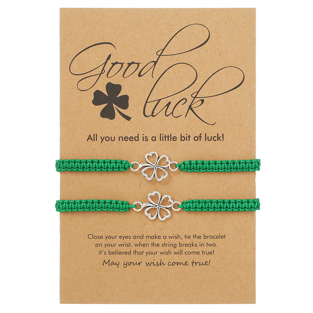 Green Four-Leaf Clover Stainless Steel Woven Bracelet for Women and Men