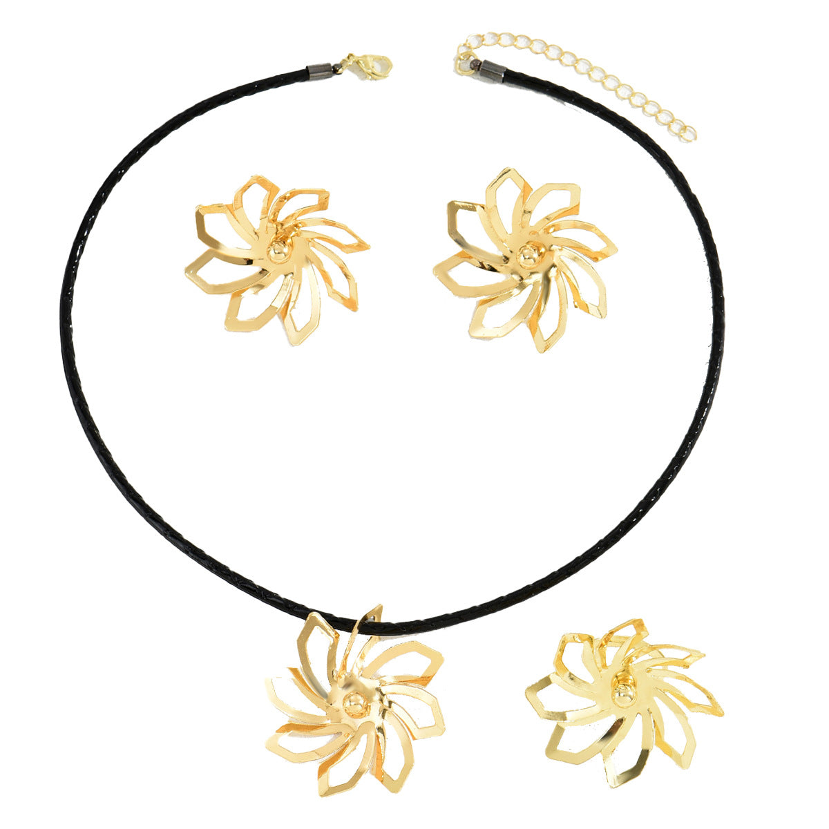 Conjunto de collar con colgante floral de lujo con pendientes y pulsera de aleación, diseño de flor giratoria, acabado galvanizado para mujer
