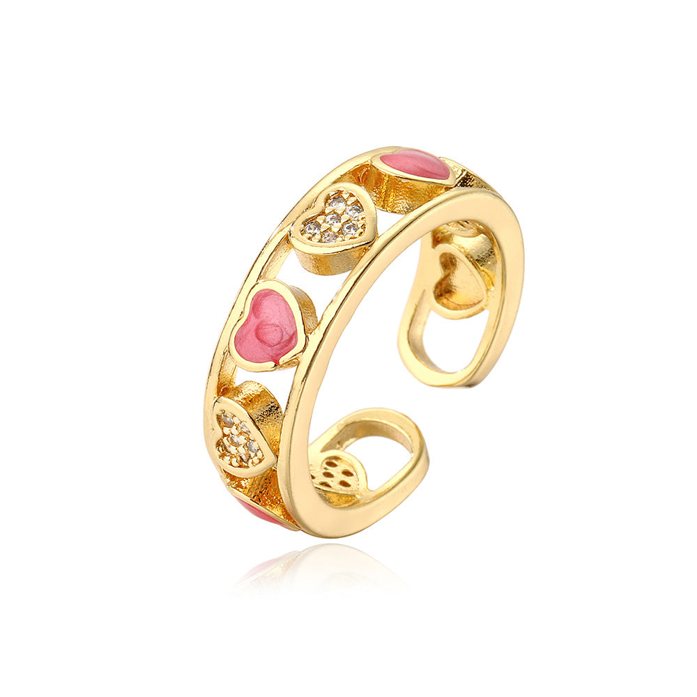 Anello geometrico minimalista in rame placcato oro 18K con intarsio a cuore in strass da donna