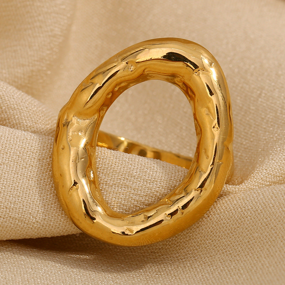 Minimalist Fashion Stainless Steel Ring with Hammered Texture and Irregular Circular Shape Plated in 18K Gold for Women