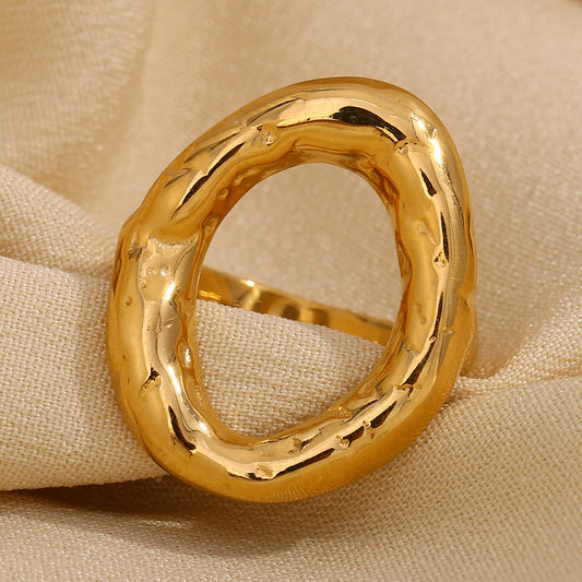 Minimalist Fashion Stainless Steel Ring with Hammered Texture and Irregular Circular Shape Plated in 18K Gold for Women