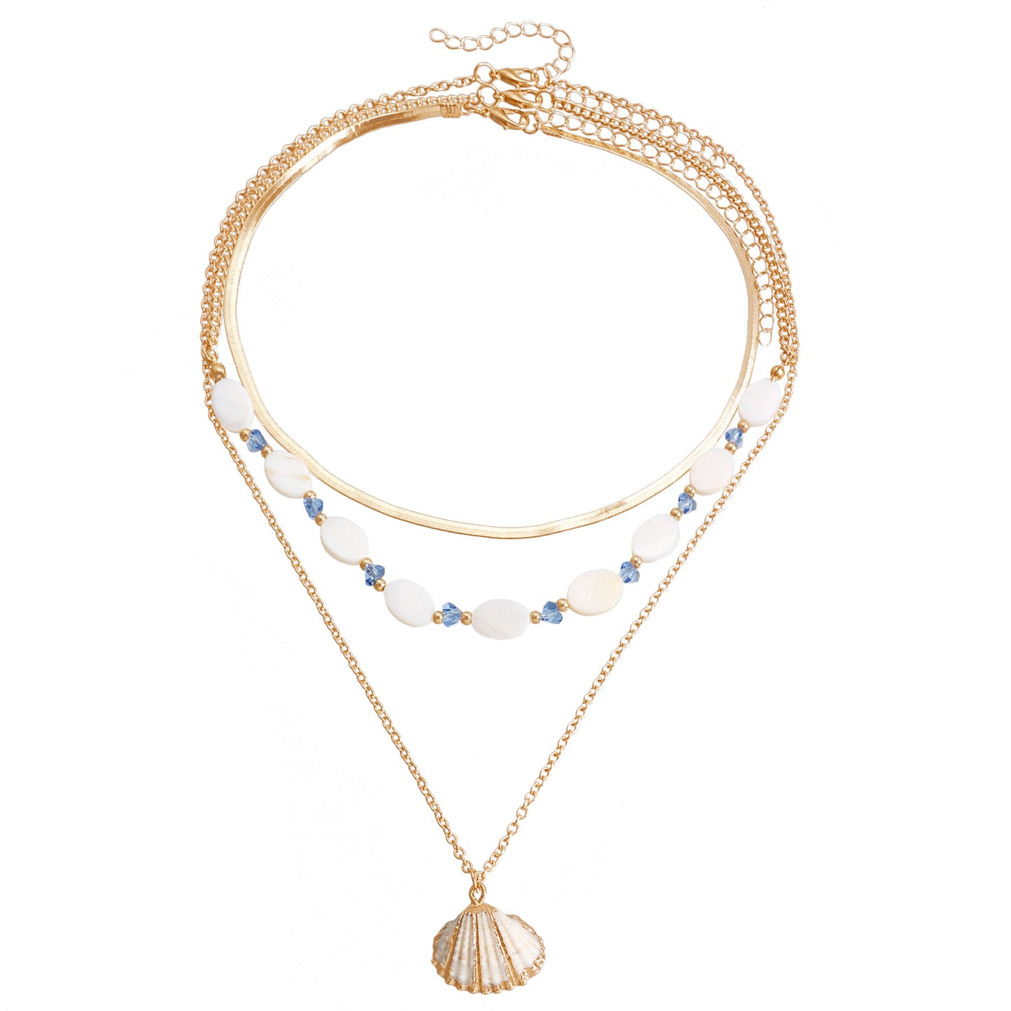 Vintage Ocean-Inspired Multi-Layer Clavicle Necklace with Oval Mother-of-Pearl Beads and Geometric Shell Pendant in Plated Finish