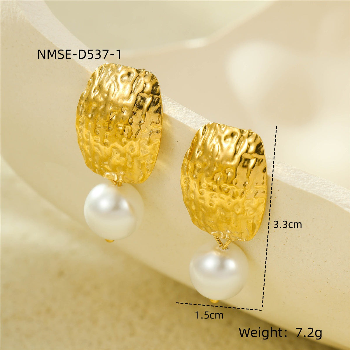 Vintage Geometric Square Hammered Stainless Steel Stud Earrings with Freshwater Pearl Accents and 18K Gold Plating
