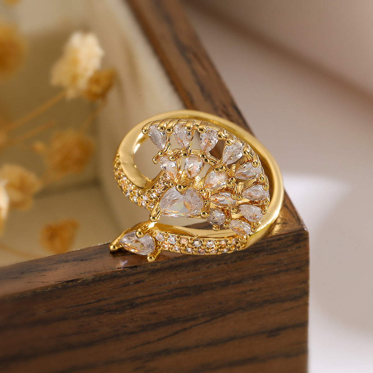 Minimalist Geometric Open Ring in Copper with 18K Gold Plating and Micro-Paved Zirconia for Women