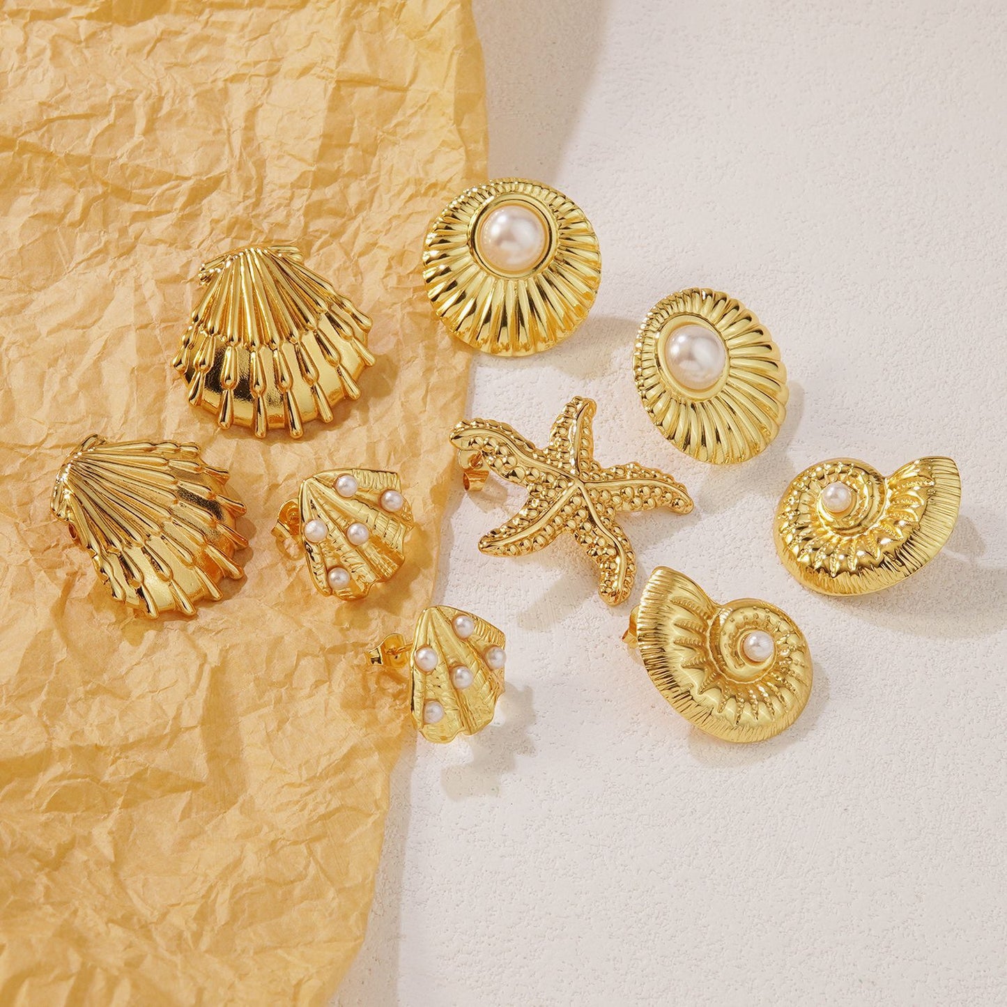Beach Style Stainless Steel Geometric Starfish Shell Stud Earrings for Women