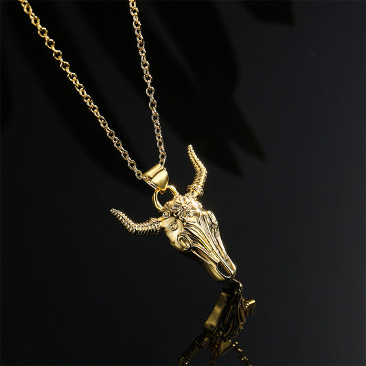 Punk Style Bull Head Pendant Necklace in Copper with Geometric Design