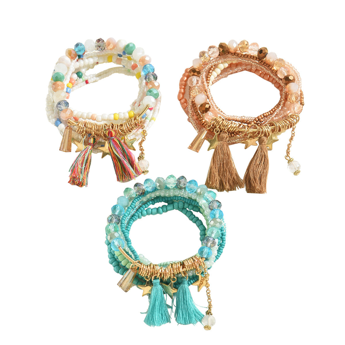 Bracciale donna multistrato bohémien con perline geometriche, nappa e ciondolo a stella