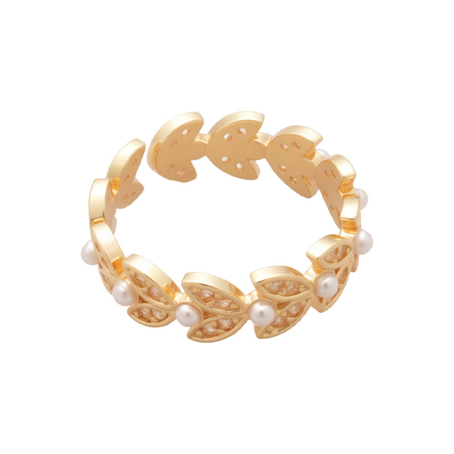 Anillo de lujo minimalista con perla en forma de espiga de trigo e incrustaciones de circonita para mujer