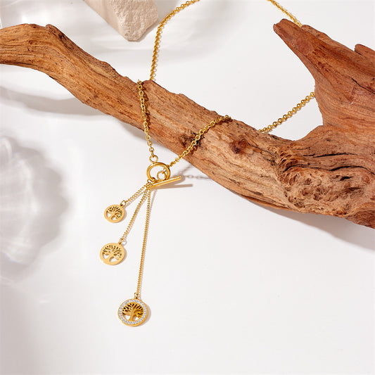 Collana con ciondolo Albero della Vita in stile vintage con nappa in acciaio al titanio placcato oro
