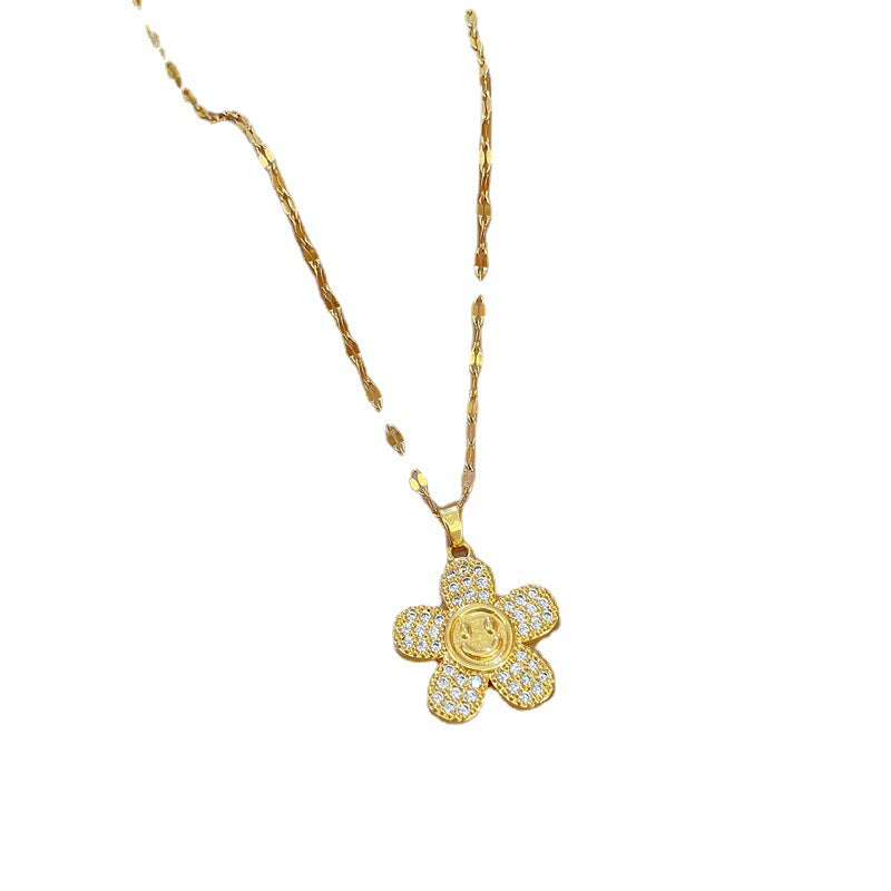 Collana con Pendente Geometrico Floreale Esotico per Donne in Acciaio al Titanio con Dettagli Micro-Pavé e Stile a Catena per Clavicole