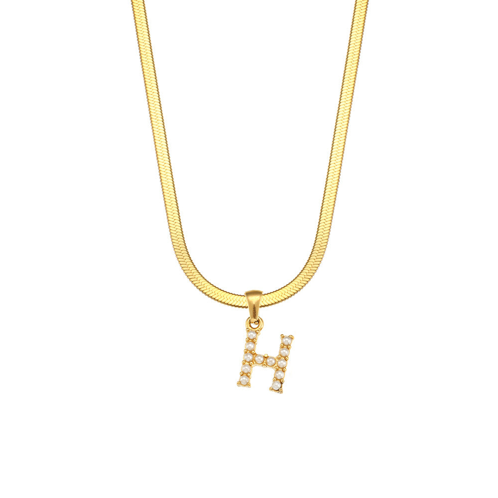Fashionable Letter Pendant Necklace for Women Stainless Steel Plated 18K Gold Flat Snake Chain with Pearl Accent